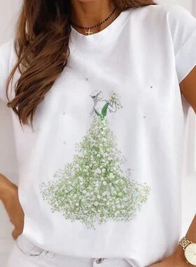 Green Flowers Woman T Shirt 外贸热卖绿色鲜花女孩印花百搭T恤