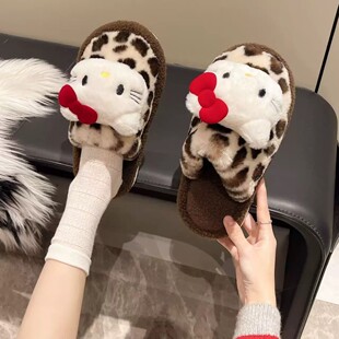 可爱豹纹猫咪包头棉鞋女款冬季居家室内保暖加绒防滑可外穿棉拖鞋