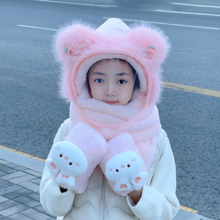 儿童帽子秋冬女童保暖围巾手套一体女孩男童宝宝可爱围脖防风面罩