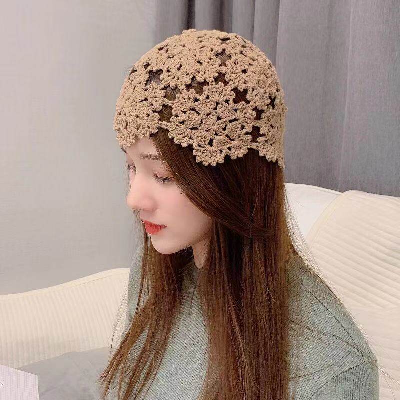 花朵帽帽子女春夏韩版薄款手工镂空针织帽透气百搭毛线甜美包头帽