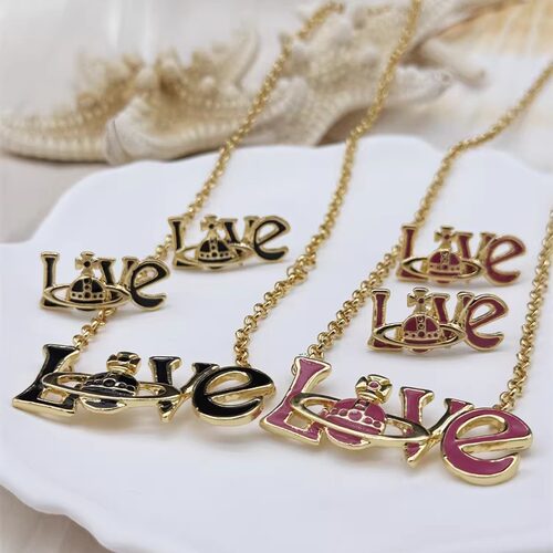 金玫金黑色LOVE土星耳环项链