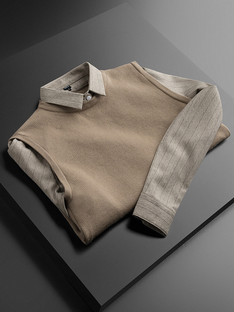 2022 AUTUMN AND WINTER NEW BOTTOMING SWEATER MENS LONG-SLEEVED SHIRT COLLAR FAKE TWO-PIECE MENS WINTER TREND PULLOVER SWEATER