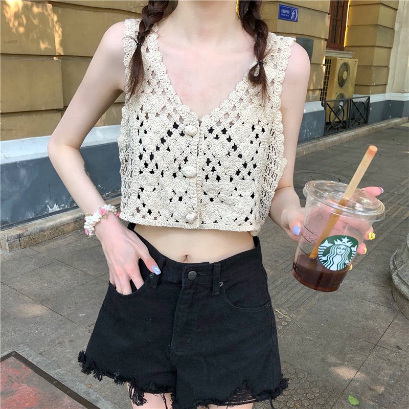 秋季马甲女外搭超短款镂空毛线坎马夹