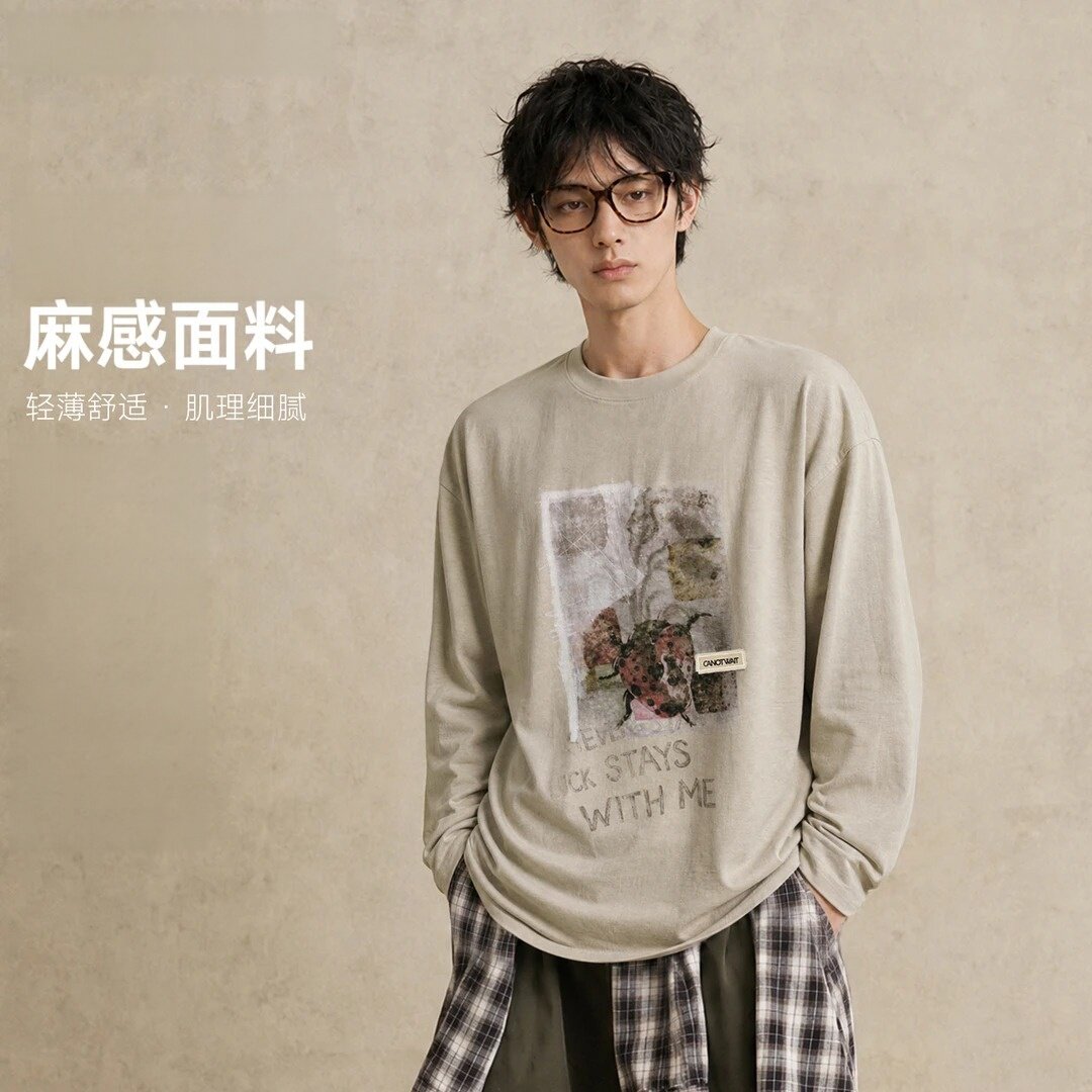 秋冬美式宽松复古印花长袖T恤男女同款休闲百搭上衣
