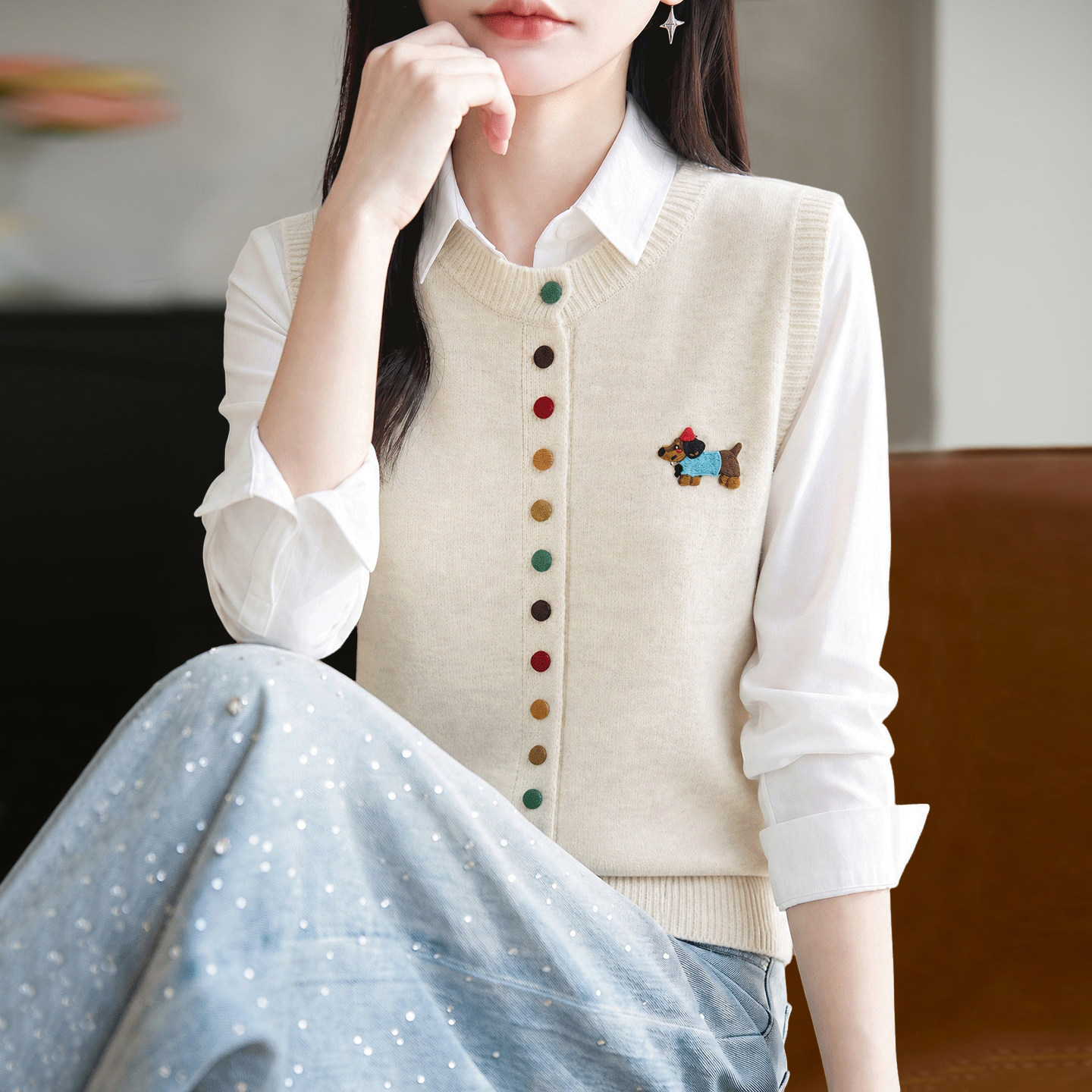 2026新款翻领刺绣秋季大码针织开衫外套女洋气中老年女装上衣毛衣