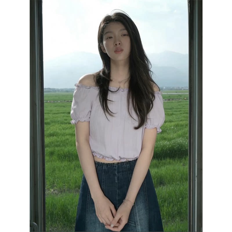 韩系温柔风露肩木耳边衬衫女2026夏季新款显瘦减龄短款一字肩上衣