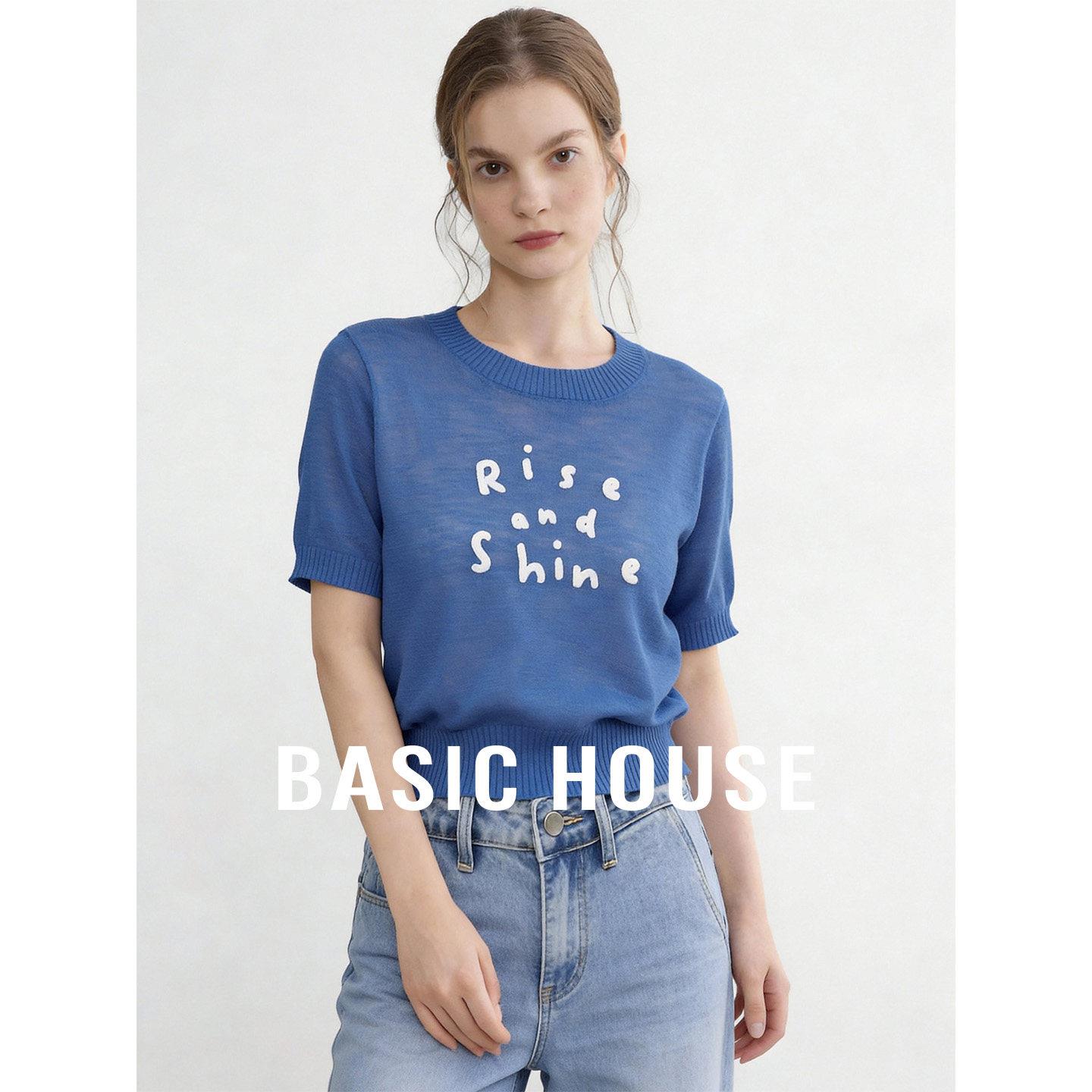 Basic House/百家好蓝色肌理感字母短袖针织衫女圆领短款上衣春夏