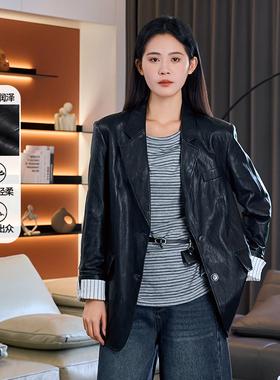 黛芙迪恩2025秋季新款中长款设计感经典翻领PU皮气质外套女12239