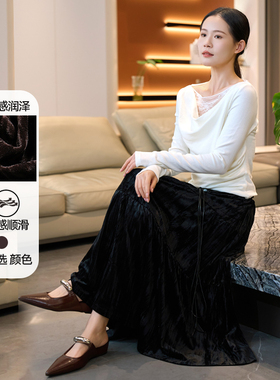 黛芙迪恩2025冬季新款高腰丝绒褶皱半身裙黑色A字百褶长裙12381