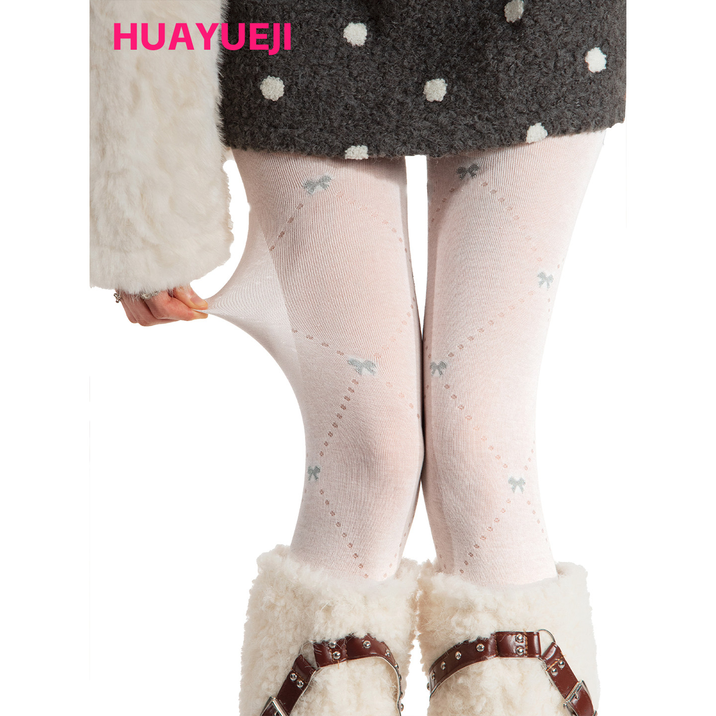 小蝴蝶结提花奶白色连袜裤女秋冬棉丝袜miu里miu气千金风JK打底袜