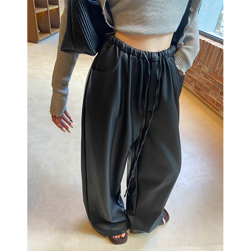 高腰阔腿花约季长裤皮裤