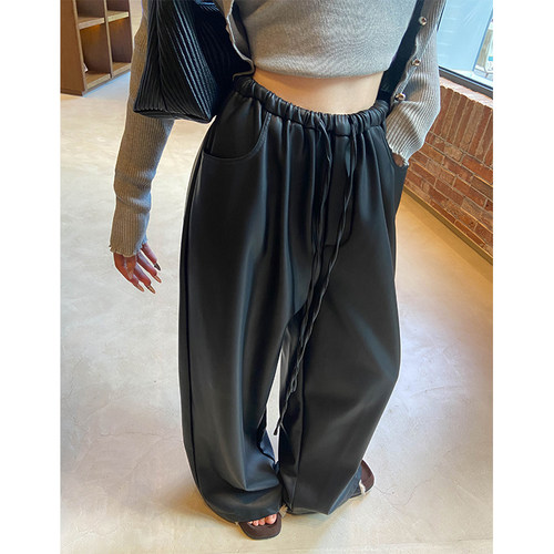 高腰阔腿花约季长裤皮裤