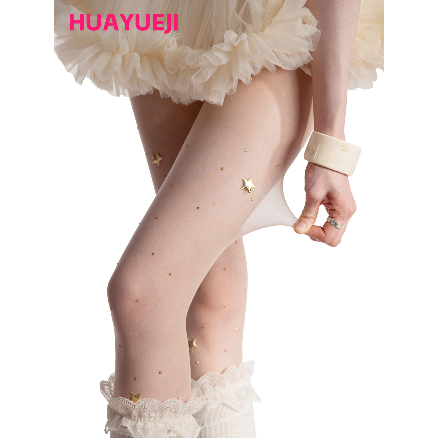 日系肤色金色烫钻星星波点丝袜女甜美芭蕾风提花个性打底袜夏季薄