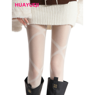 miu白色蕾丝交叉丝袜秋冬薄款连袜裤闪亮纯欲性感防勾丝打底袜芭