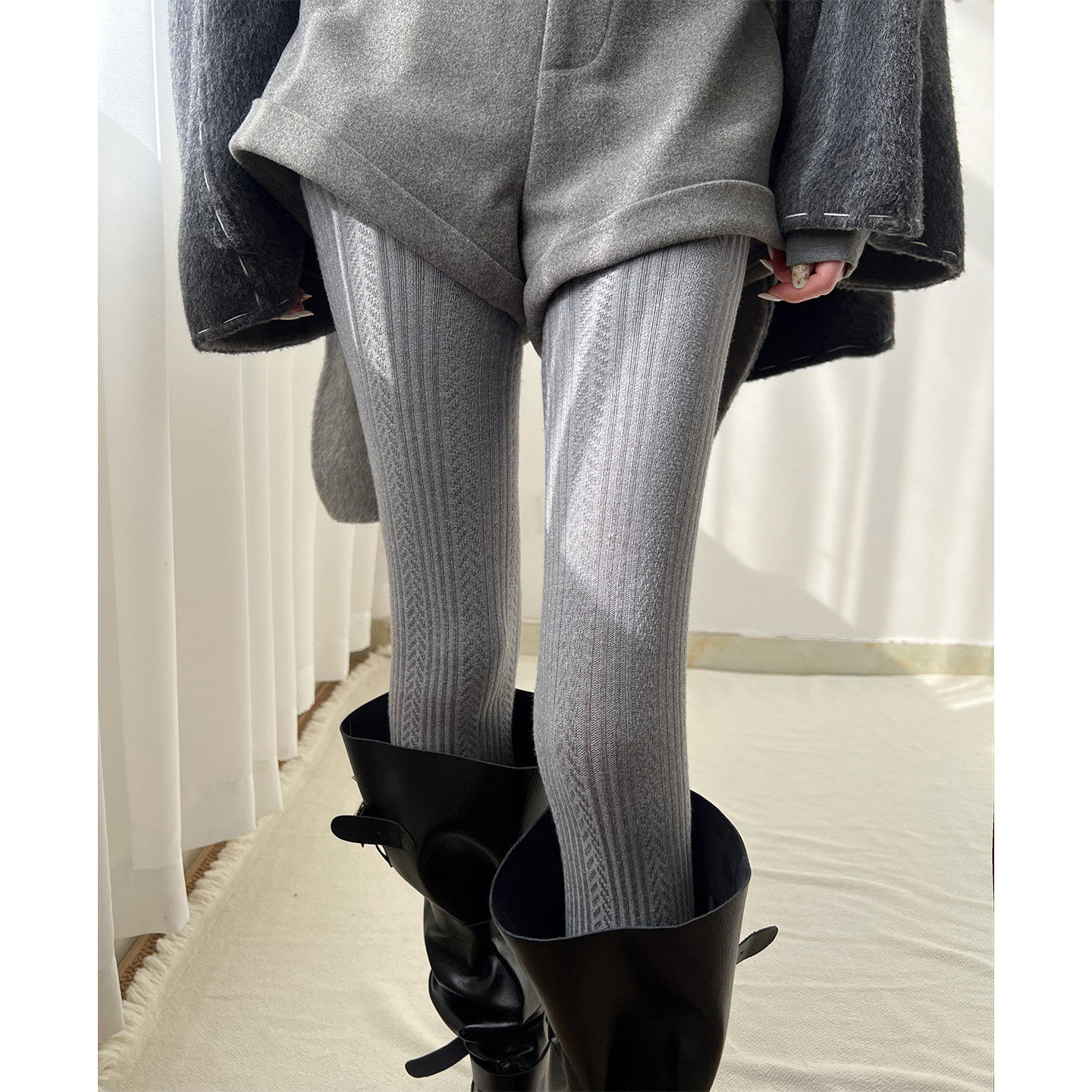秋冬老钱风~高弹性miu系烟灰色麦穗纹连裤袜女加长款韩系打底裤袜