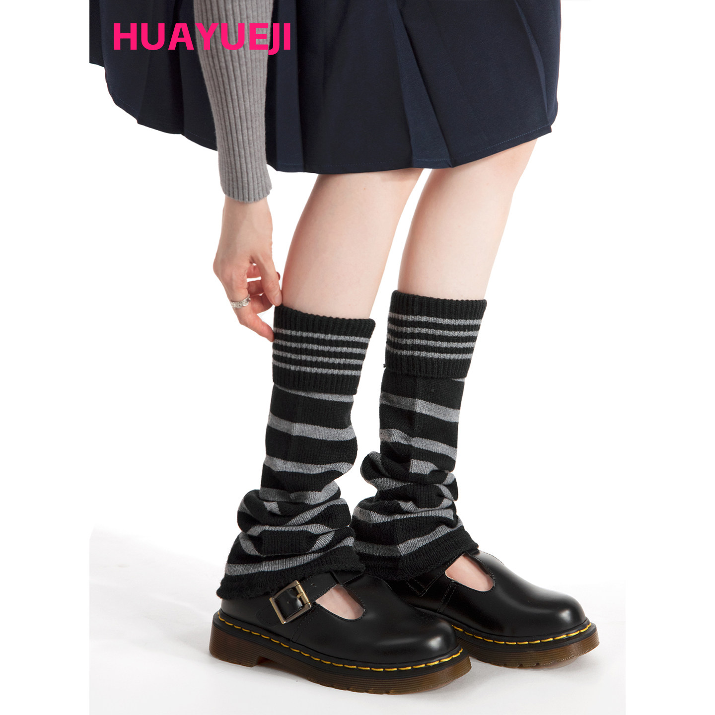 黑色条纹针织保暖袜套女秋冬厚实显瘦条纹小腿袜显瘦护膝护腿袜套