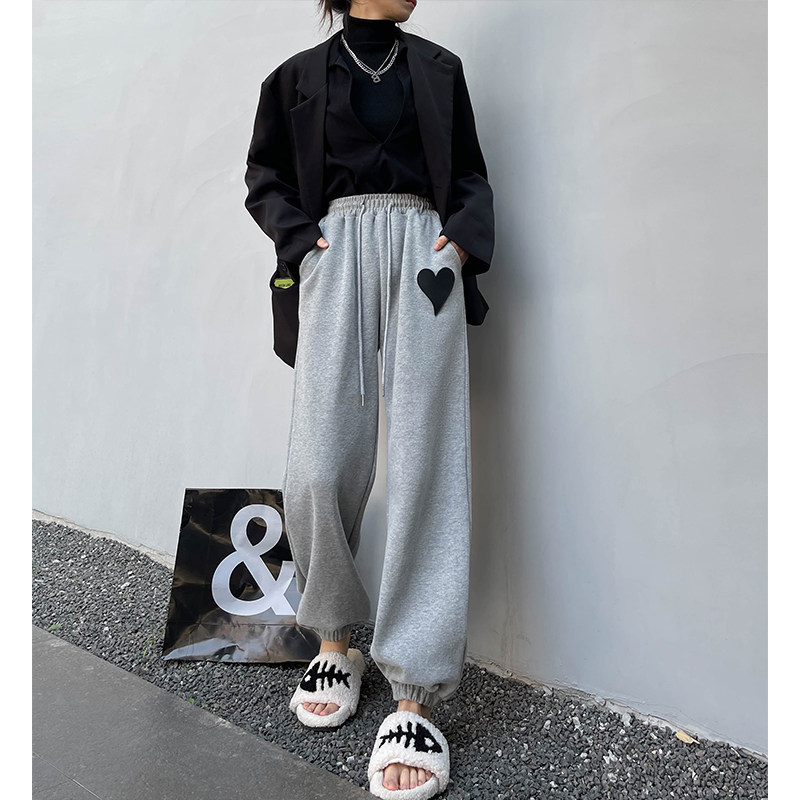灰色欧美辣妹爱心运动裤女秋冬抽绳高腰束脚裤子宽松休闲显瘦卫裤,女装/女士精品,休闲裤,淘宝优惠券,粉丝福利购,淘宝优惠卷