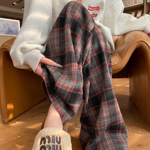 红色复古窄版直筒裤子女秋冬加绒气质毛呢格子裤女高腰显瘦阔腿裤