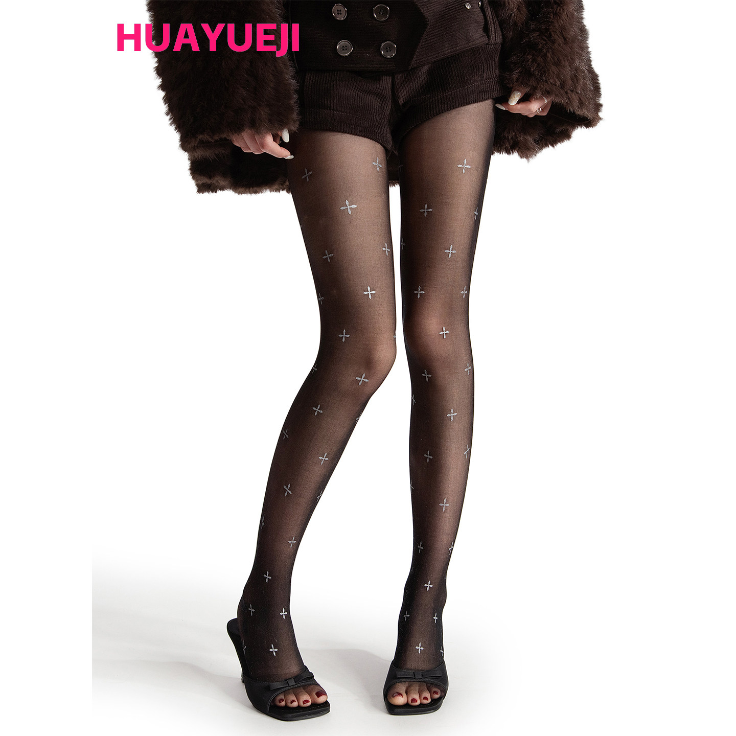 y2k辣妹黑色丝袜女秋冬显瘦性感十字银色印花连裤袜黑丝辣妹连袜