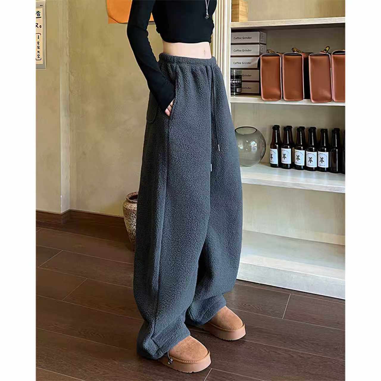 羊羔毛阔腿裤女秋冬新款宽松运动加绒卫裤宽松慵懒随意裤子,女装/女士精品,休闲裤,淘宝优惠券,粉丝福利购,淘宝优惠卷
