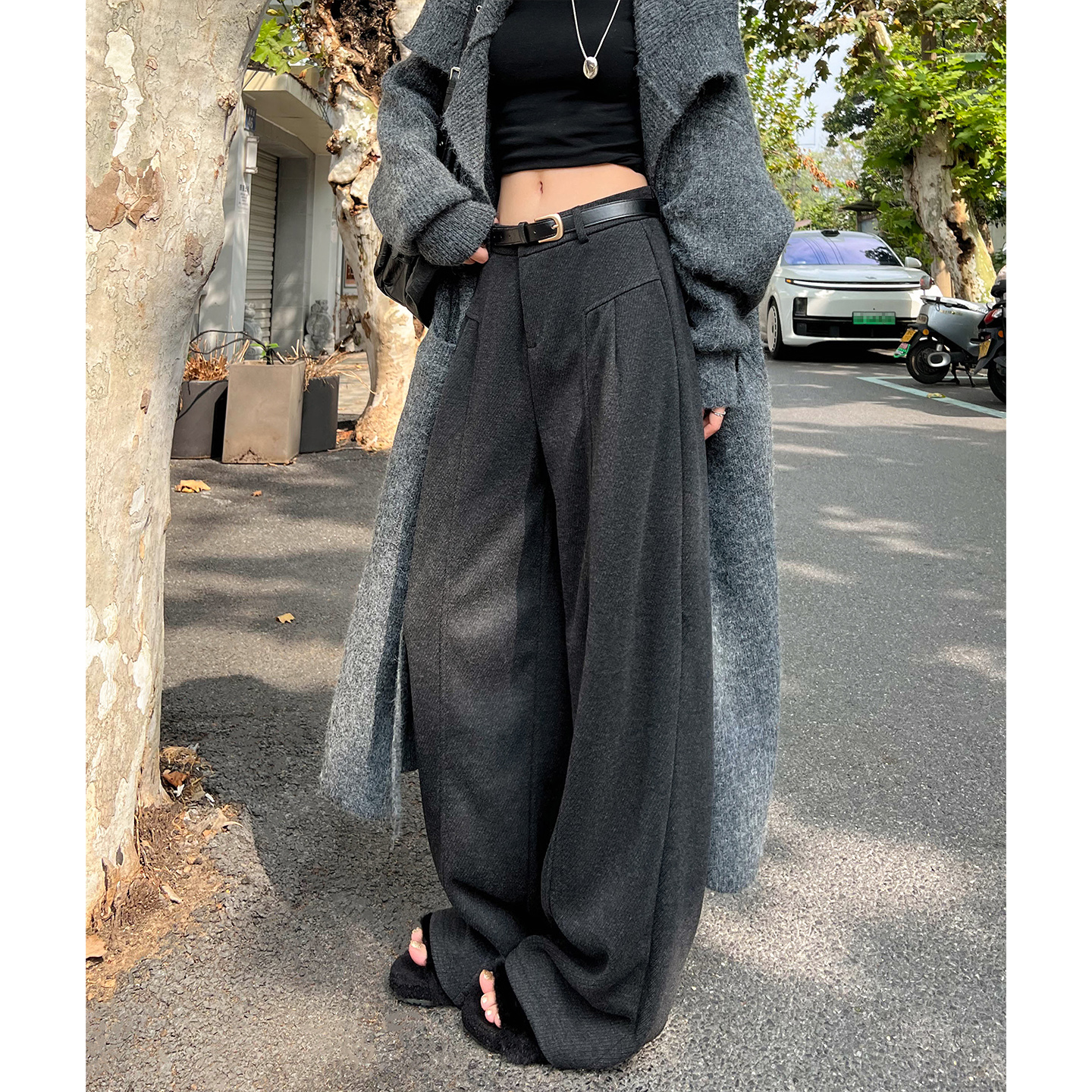 黑灰色高级感羊毛阔腿裤女2025秋