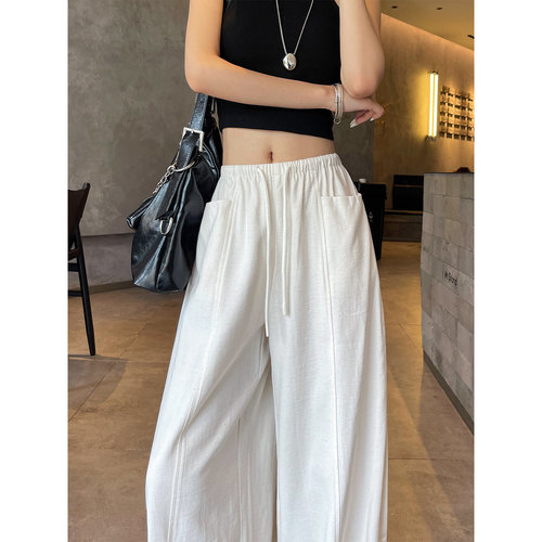 高腰通勤花约季长裤白色弯刀裤夏