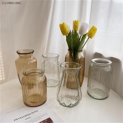 欧式复古琥珀色玻璃花瓶透明水培插花花瓶厚款简约家居桌面摆件