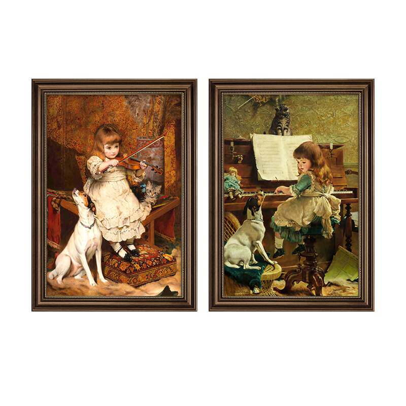 弹钢琴小女孩油画琴房装饰画玄关挂画美式复古音乐学校画2022新款