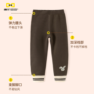 唐机豆豆女童加绒长裤卡通绣花2025冬季新款弹力保暖束脚打底裤
