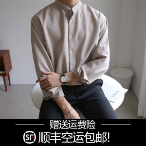 夏季清凉透气防皱有垂感的衬衫男长袖休闲潮流设计感立领衬衣男士