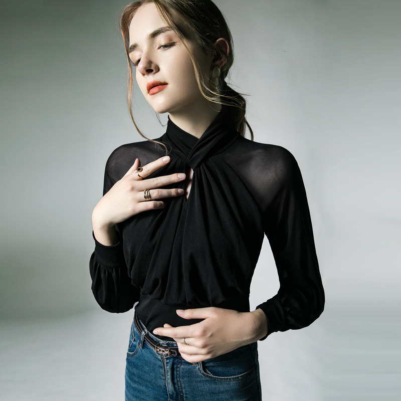 网纱T恤女2025新款欧洲站黑色高级感秋女上衣高领长袖打底衫1023h