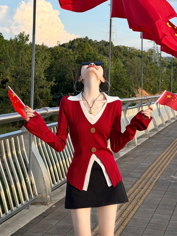 红色假两件拼接v领针织衫上衣内搭修身打底衫女早秋设计感可外穿