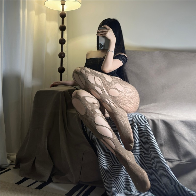 破洞丝袜女薄款棕色渔网袜辣妹千禧y2k朋克风镂空蕾丝黑丝连裤袜