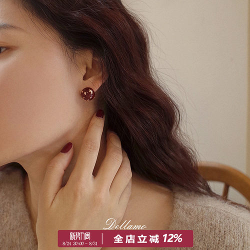 dellamo红色圆球耳钉女精致高级独特耳饰小众设计耳环冬通勤耳夹