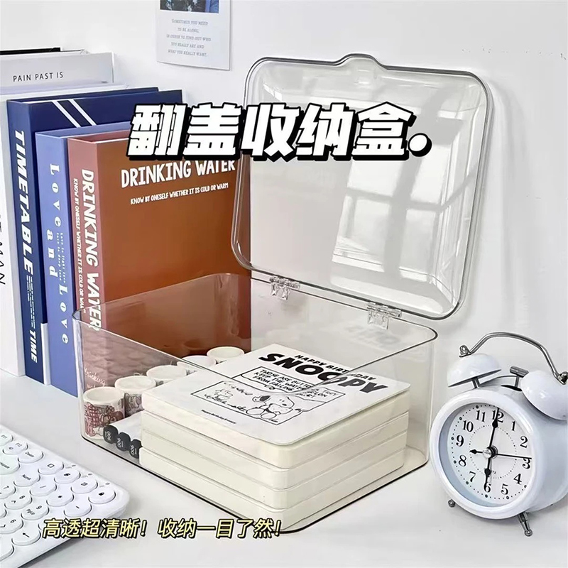 翻盖式桌面收纳盒透明亚克力防尘整理盒卧室宿舍办公室带盖杂物筐