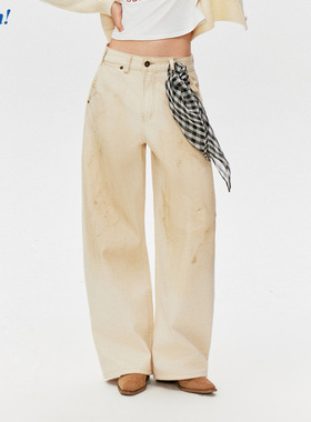 Ahhh 复古美式做旧百搭纯棉磨白脏点高腰阔腿慵懒直筒牛仔长裤