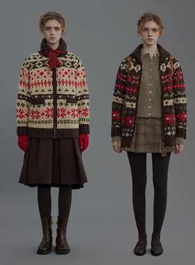 Ahhh 费尔岛风格针织衫女冬季新款宽松翻领氛围感毛衣开衫外套