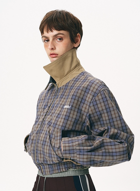 Ahhh 巴恩风两面穿外套女初春新款复古混纺短款翻领格纹飞行夹克