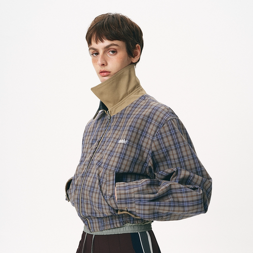 Ahhh 巴恩风两面穿外套女初春新款复古混纺短款翻领格纹飞行夹克