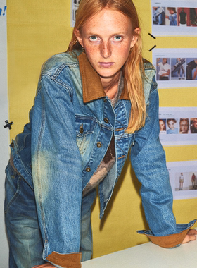 Ahhh 美式复古做旧时髦设计感磨白拼色领显瘦牛仔夹克外套上衣