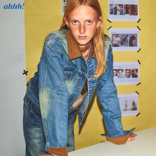 Ahhh 美式复古做旧时髦设计感磨白拼色领显瘦牛仔夹克外套上衣