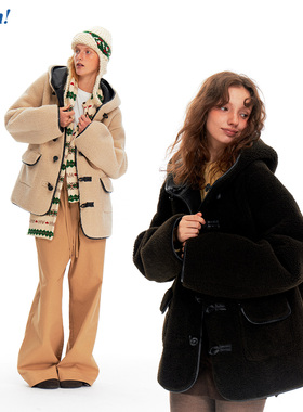 Ahhh 复古美式两面穿皮毛一体羊羔绒廓形保暖连帽中长款毛呢外套