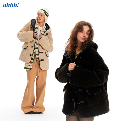 Ahhh 复古美式两面穿皮毛一体羊羔绒廓形保暖连帽中长款毛呢外套