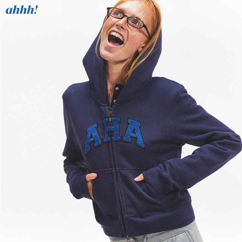 Ahhh 秋季美式随性字母毛巾绣百搭拉链短款长袖开衫连帽卫衣外套