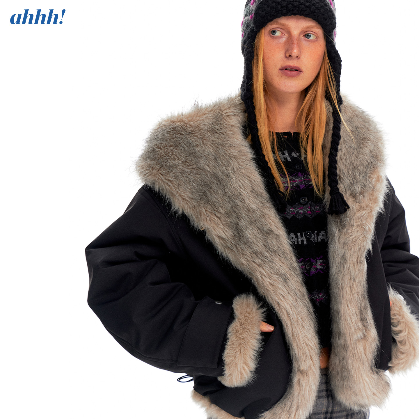 Ahhh 复古巴恩风两面穿宽松廓形保暖防风连帽短款环保皮草外套