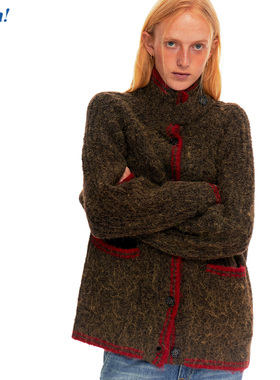 Ahhh 复古氛围感撞色高领搭扣针织慵懒保暖宽松毛衣开衫外套秋冬