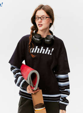 Ahhh 经典圆领纯棉假两件拼接撞色条纹logo印花长袖T恤打底衫