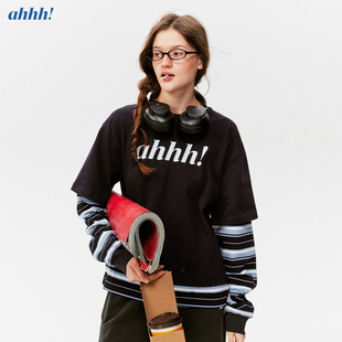 T恤打底衫 圆领纯棉假两件拼接撞色条纹logo印花长袖 经典 Ahhh