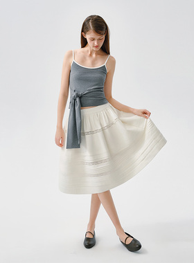 Ahhh 蕾丝拼接半身裙春夏新款气质廓形大裙摆伞裙A字立体蓬蓬短裙