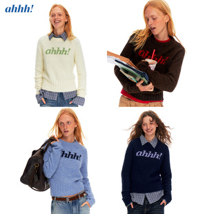 针织长袖 Ahhh 圆领复古拼接撞色logo慵懒修身 经典 毛衣上衣 美式